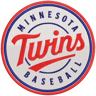Minnesota Twins baseball logo embroidery design featuring the iconic team logo on a textured fabric background.