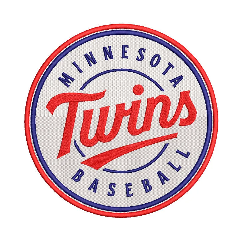 Minnesota Twins baseball logo embroidery design featuring the iconic team logo on a textured fabric background.
