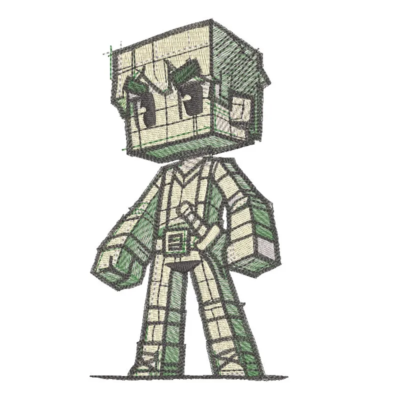 Minecraft warrior sketch embroidery design featuring a detailed character outline in vibrant colors.