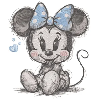 Minnie Mouse sitting sketch embroidery design, featuring a playful illustration of Minnie in a classic pose.