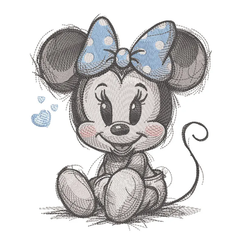 Minnie Mouse sitting sketch embroidery design, featuring a playful illustration of Minnie in a classic pose.