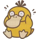 Colorful Pokemon Psyduck embroidery design featuring a cute, confused Psyduck character on a fabric background.