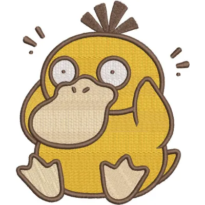 Colorful Pokemon Psyduck embroidery design featuring a cute, confused Psyduck character on a fabric background.