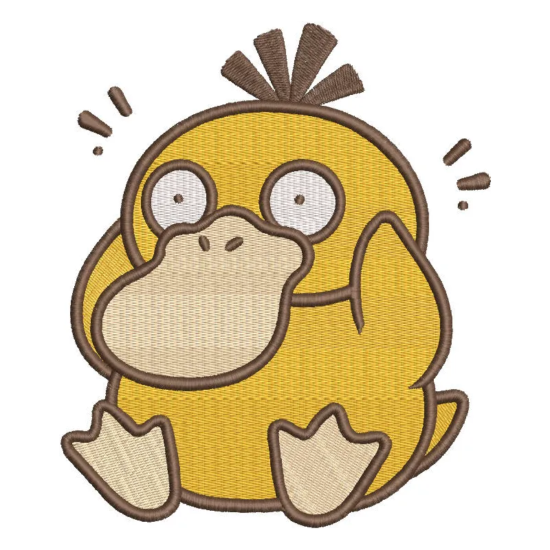 Colorful Pokemon Psyduck embroidery design featuring a cute, confused Psyduck character on a fabric background.