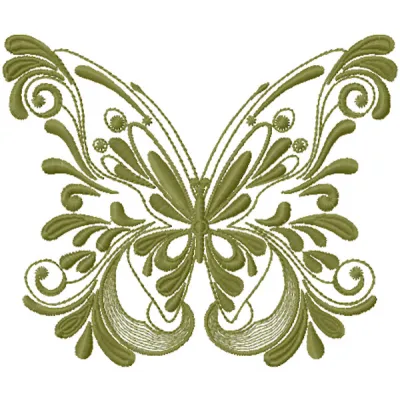 Vintage green butterfly embroidery design featuring intricate stitching and vibrant green hues on a soft fabric background.