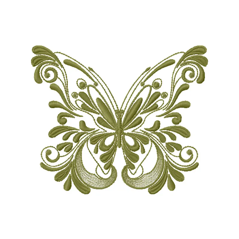 Vintage green butterfly embroidery design featuring intricate stitching and vibrant green hues on a soft fabric background.