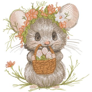 Easter mouse with a basket of eggs embroidery design - Embroidery Design