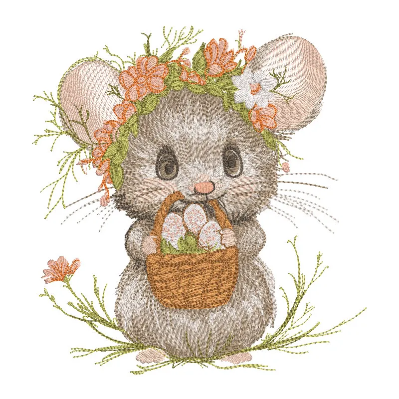 Easter mouse with a basket of eggs embroidery design featuring a cute mouse and colorful eggs.
