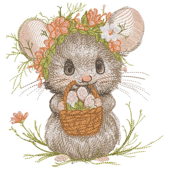 Easter mouse with a basket of eggs embroidery design - Embroidery Design