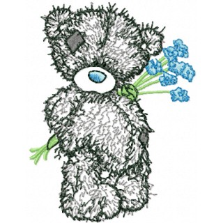 Teddy Bear with blue flowers applique embroidery design - Embroidery Design