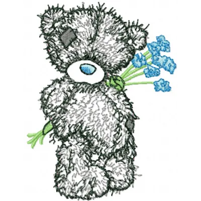 Teddy Bear Blue Flowers Applique Design - Download Now