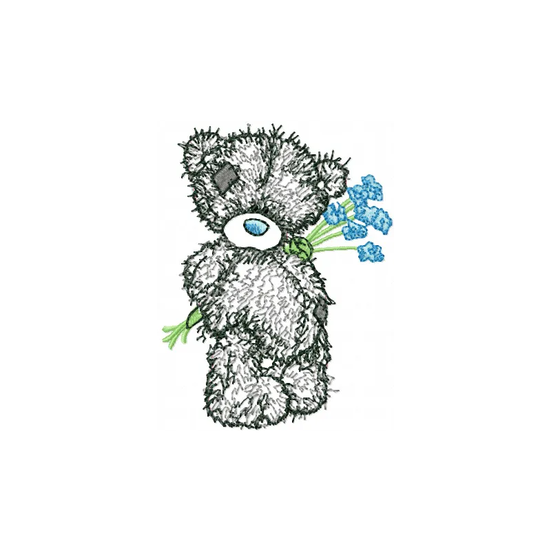 Teddy Bear Blue Flowers Applique Design - Download Now