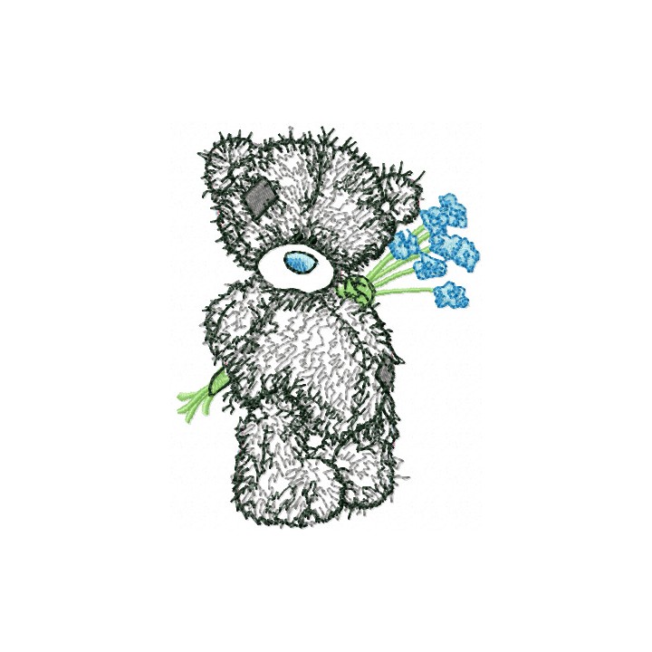 Teddy Bear with blue flowers applique embroidery design - Embroidery Design