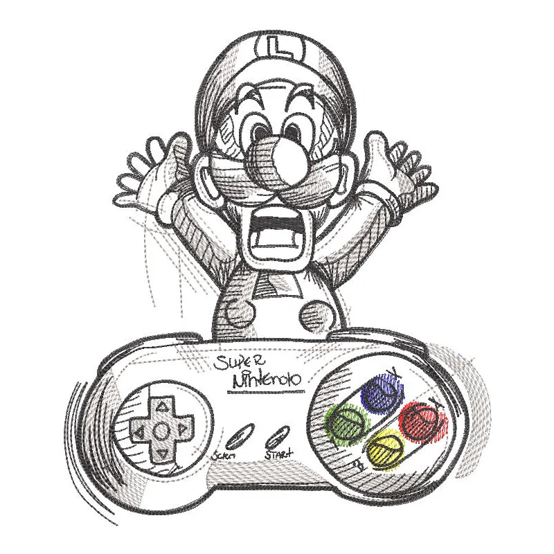 Luigi Nintendo joystick sketch embroidery design featuring iconic Super Mario character in vibrant colors.