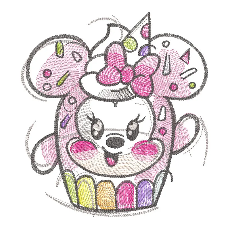 Minnie Mouse sweet embroidery design featuring vibrant colors and playful details on a soft fabric.