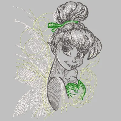 Greyscale embroidery design featuring Tinkerbell, capturing her delicate fairy wings and enchanting pose.