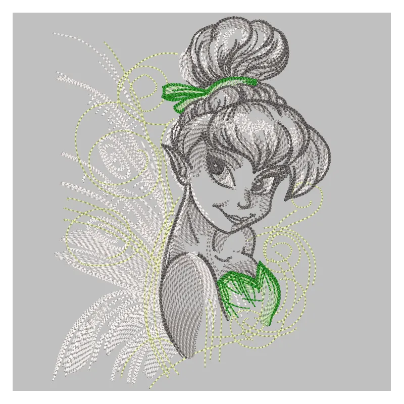 Greyscale embroidery design featuring Tinkerbell, capturing her delicate fairy wings and enchanting pose.