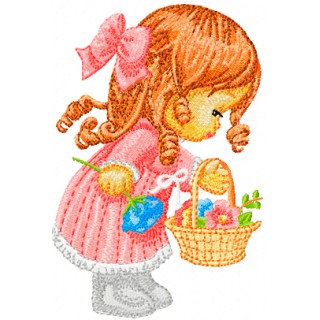 Little Cute Girl with a Basket of Flowers embroidery design - Embroidery Design