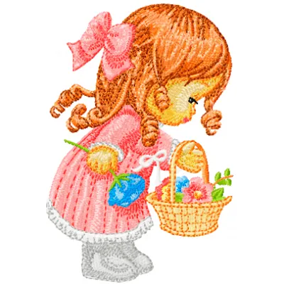 Little Cute Girl with a Basket of Flowers embroidery design - Embroidery Design