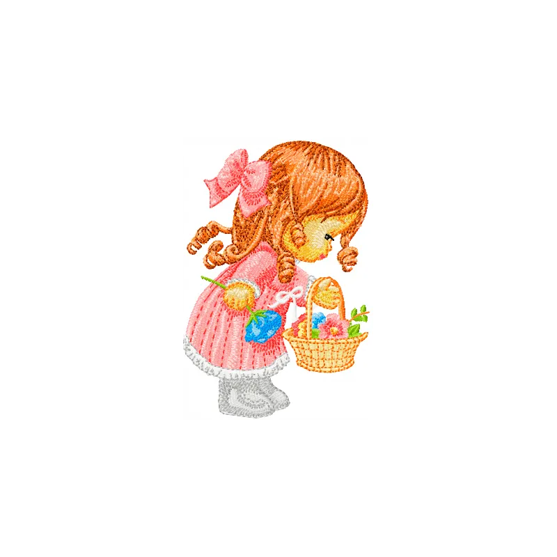 Little Cute Girl with a Basket of Flowers embroidery design - Embroidery Design