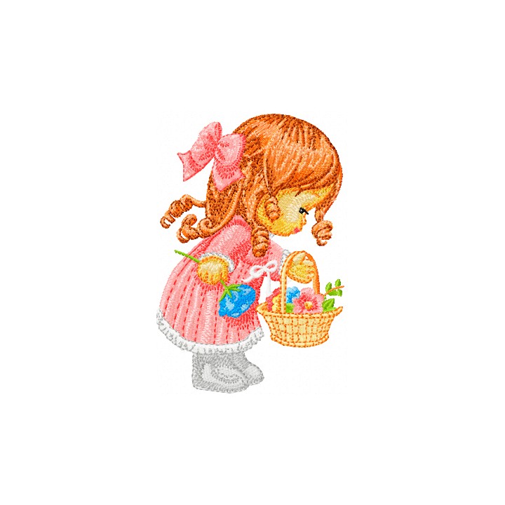 Little Cute Girl with a Basket of Flowers embroidery design - Embroidery Design