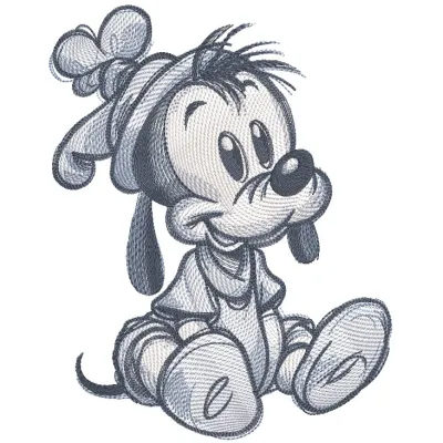Sitting baby goofy sketch embroidery design featuring a playful, whimsical baby character in a fun pose.