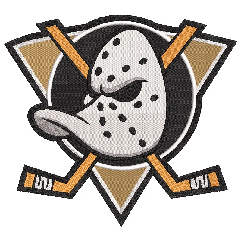 Detailed embroidery design of the Anaheim Ducks jersey logo, showcasing vibrant colors and intricate stitching.