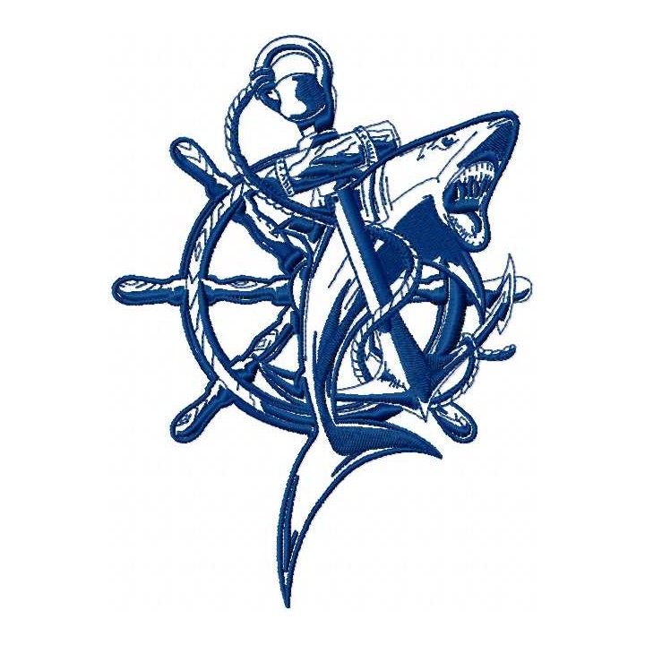 Wheel and wild shark embroidery design - Embroidery Design