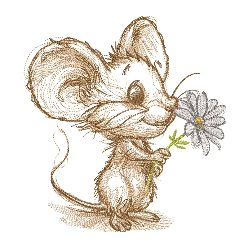 A mouse featuring a delicate chamomile sketch embroidery design, showcasing intricate details and soft colors.