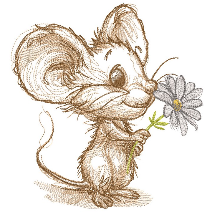 Mouse with chamomile sketch embroidery design - Embroidery Design