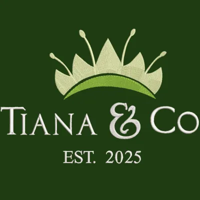 Tiana and Co embroidery design featuring Princess Tiana in her iconic green dress with a whimsical background.