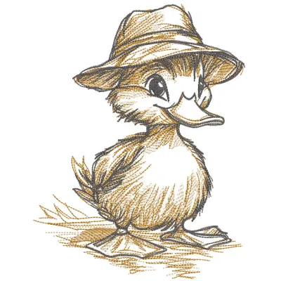 Sketch of a duckling wearing a hat, showcasing an intricate embroidery design for farm animal enthusiasts.