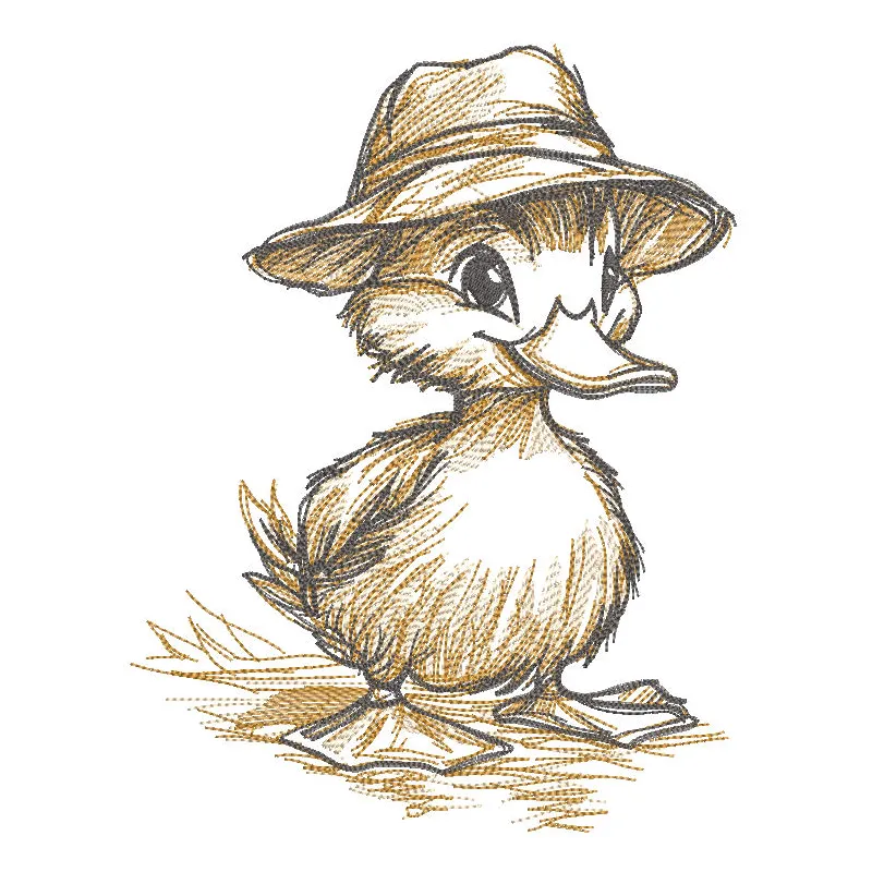 Sketch of a duckling wearing a hat, showcasing an intricate embroidery design for farm animal enthusiasts.