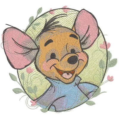 Kanga round floral embroidery design featuring vibrant colors and intricate patterns inspired by Winnie the Pooh characters.
