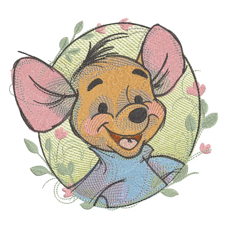 Kanga round floral embroidery design featuring vibrant colors and intricate patterns inspired by Winnie the Pooh characters.
