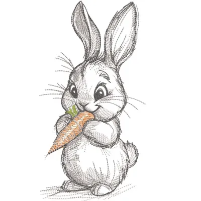 Cute baby bunny with carrot embroidery design, featuring soft fur and vibrant orange carrot details.