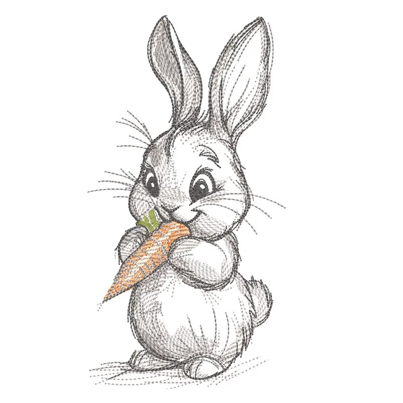 Cute baby bunny with carrot embroidery design, featuring soft fur and vibrant orange carrot details.