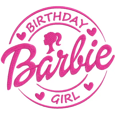 Colorful Barbie birthday girl embroidery design featuring a cheerful Barbie celebrating her special day.