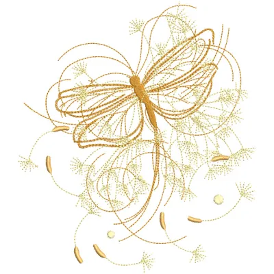 Dragonfly in dandelion flowers embroidery design showcasing intricate stitching and vibrant colors.