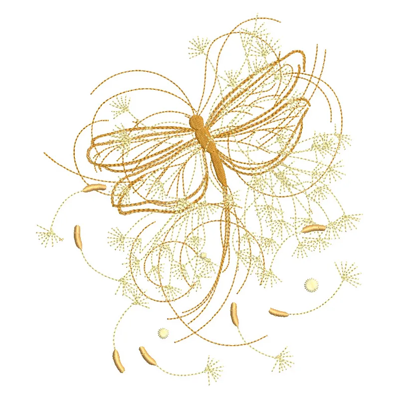 Dragonfly in dandelion flowers embroidery design showcasing intricate stitching and vibrant colors.