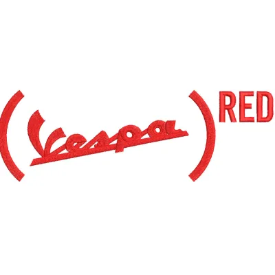 Vespa red logo embroidery design featuring a vibrant red logo on a textured fabric background.