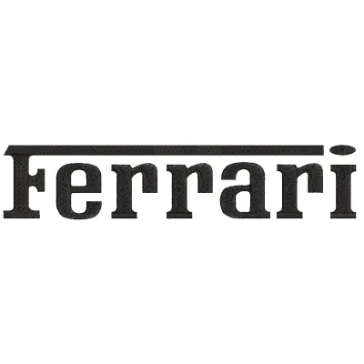 Ferrari wordmark logo embroidery design featuring the iconic prancing horse and bold lettering in classic red.