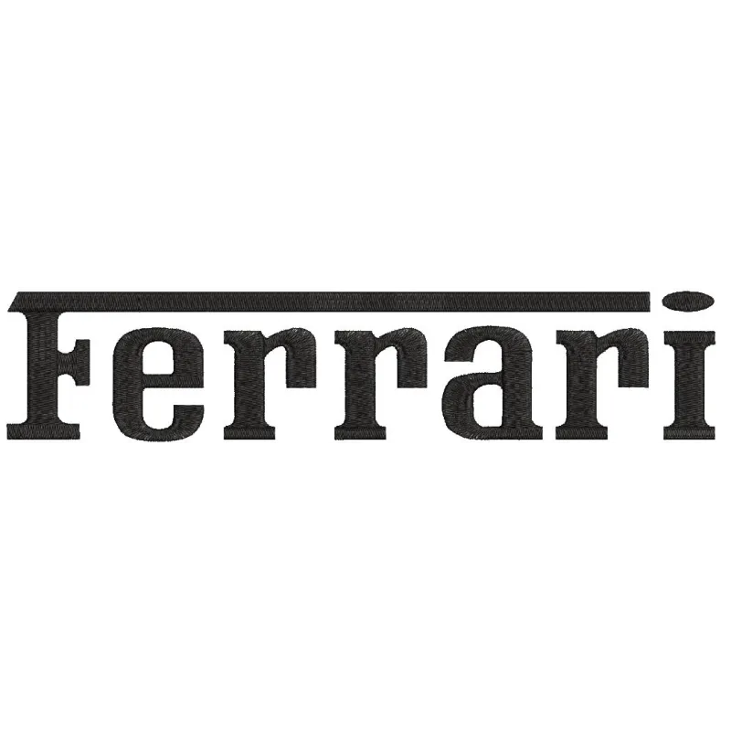 Ferrari wordmark logo embroidery design featuring the iconic prancing horse and bold lettering in classic red.