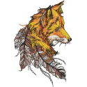 Fox feathers embroidery design featuring intricate patterns and vibrant colors on a textured fabric background.