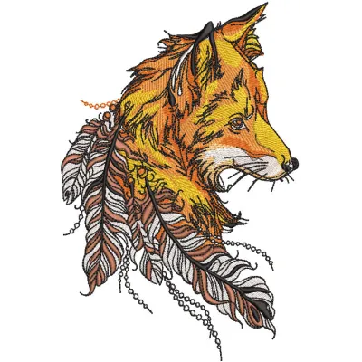 Fox feathers embroidery design featuring intricate patterns and vibrant colors on a textured fabric background.