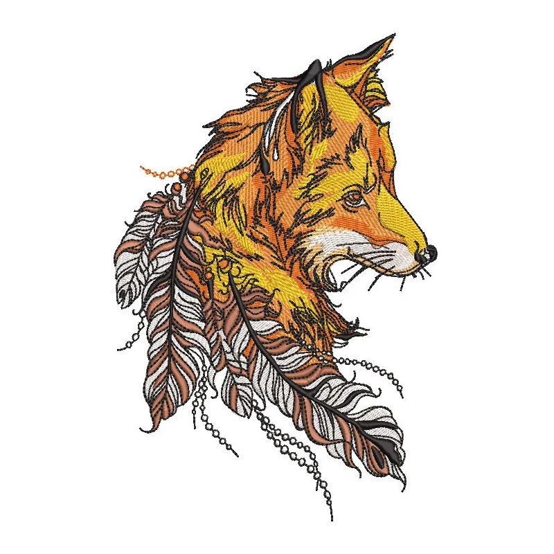 Fox feathers embroidery design featuring intricate patterns and vibrant colors on a textured fabric background.