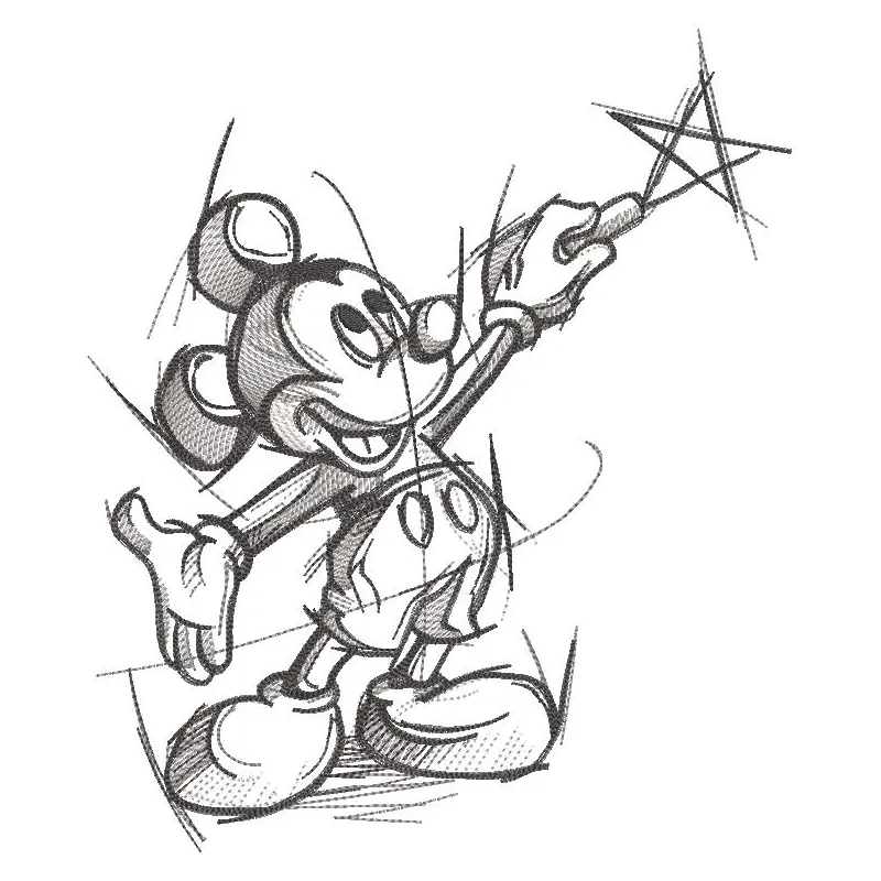 Mickey Mouse drawing a star in an intricate embroidery design, showcasing vibrant colors and detailed stitching.