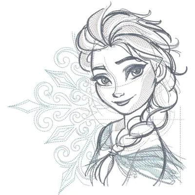 Frozen Elsa sketch embroidery design featuring a detailed outline of Elsa with her iconic braid and gown.