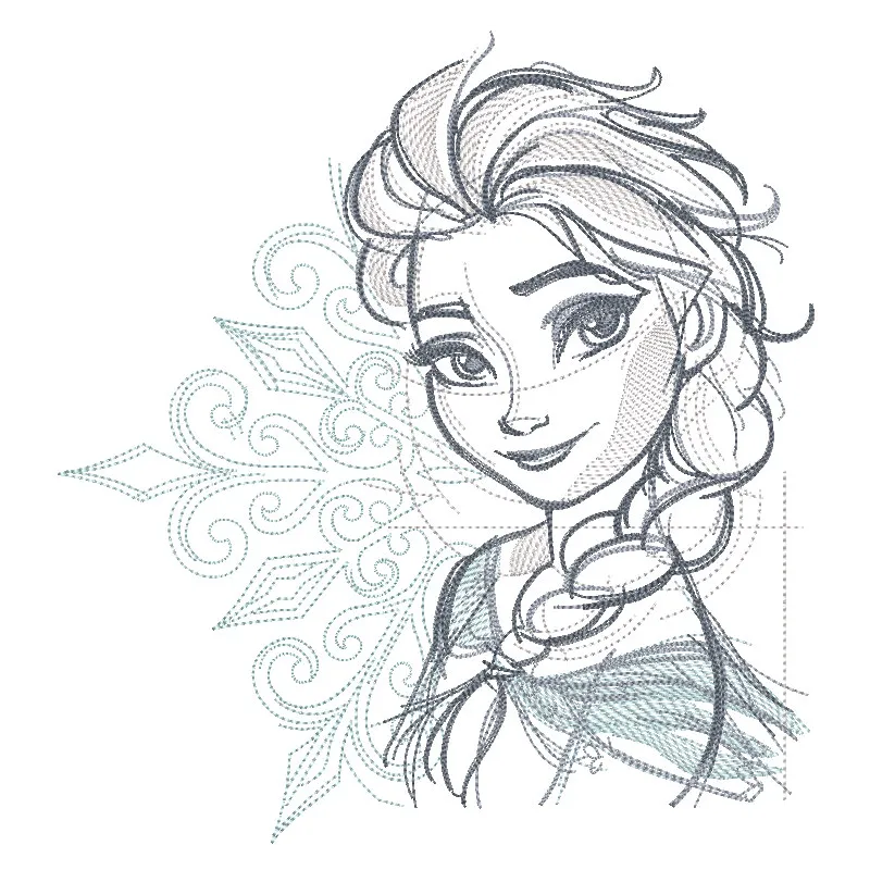 Frozen Elsa sketch embroidery design featuring a detailed outline of Elsa with her iconic braid and gown.