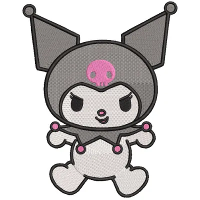 Funny kuromi embroidery design featuring a playful, mischievous character with a skull and pink accents.